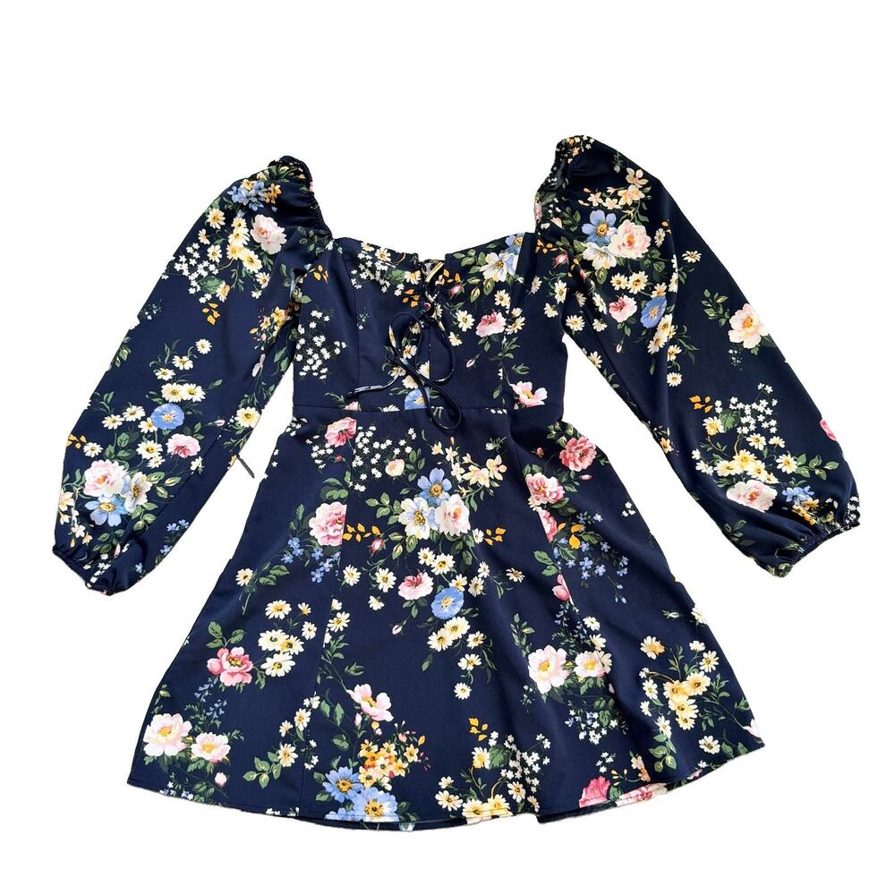 Abercrombie & Fitch Navy Floral Lace Up Smocked Mini Dress S